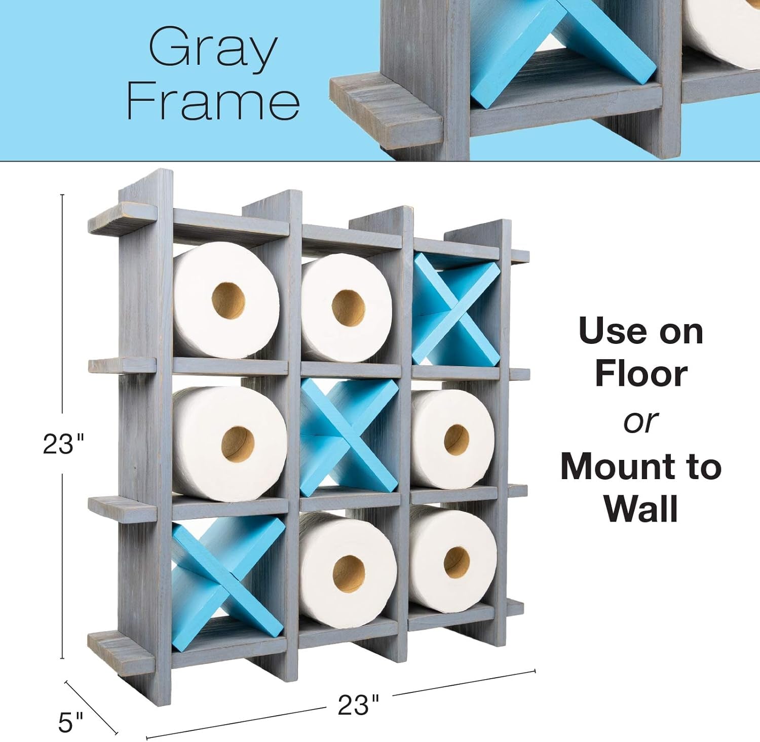 Gray Wooden Toilet Paper Holder: Tic Tac Toe Design for Wall Mounted or Freestanding Bathroom Tissue Roll Storage Organizer