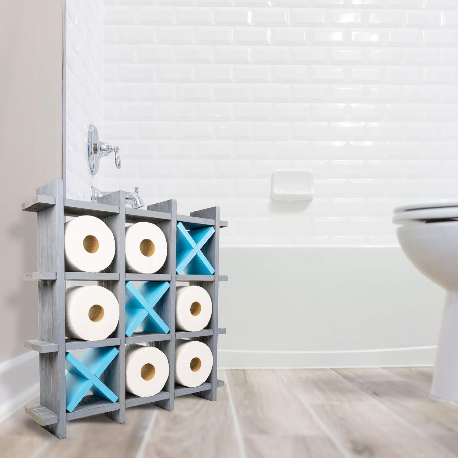 Gray Wooden Toilet Paper Holder: Tic Tac Toe Design for Wall Mounted or Freestanding Bathroom Tissue Roll Storage Organizer