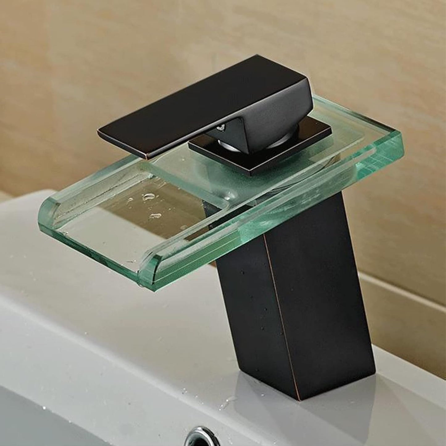 LED Bathroom Sink Faucet , Hydropower Waterfall Glass Faucet 3 Colors Changing Temperature Control Light, Single Handle Water Mixer Deck Mounted Bathroom Tap Faucet (Matte Black)