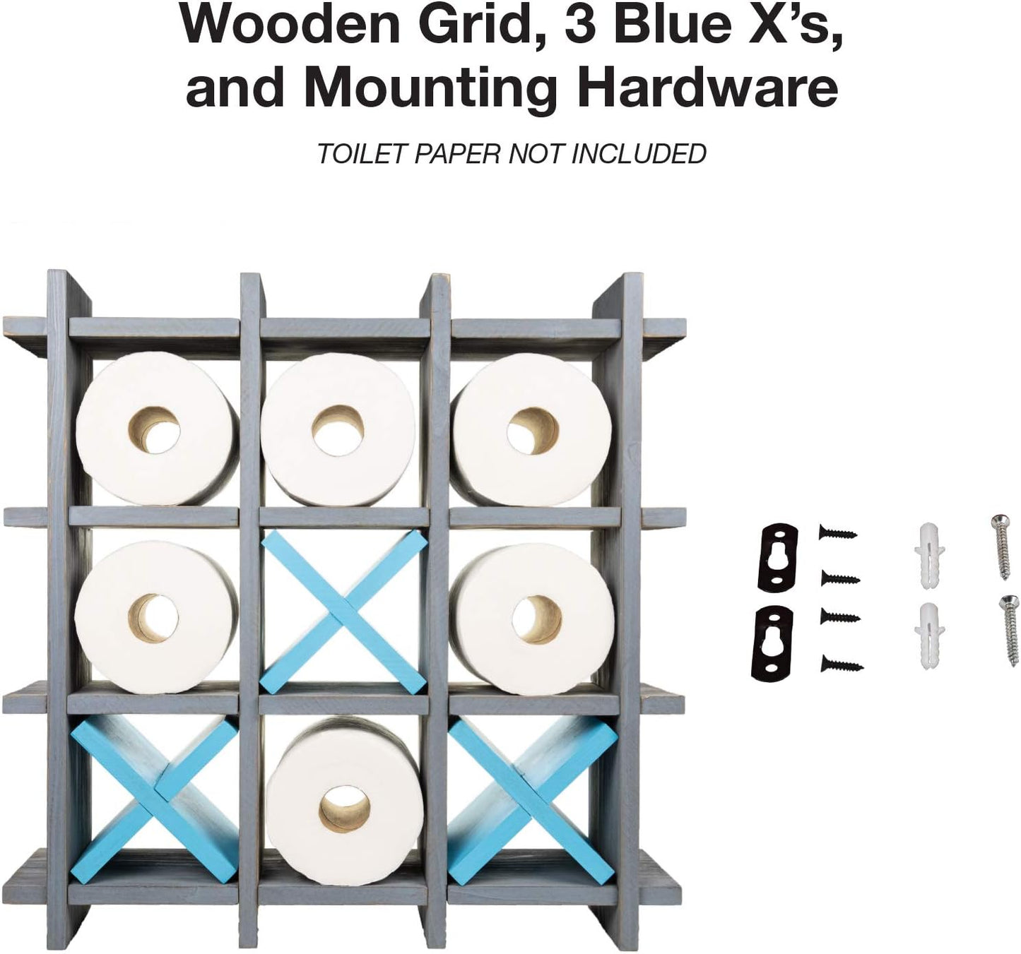 Gray Wooden Toilet Paper Holder: Tic Tac Toe Design for Wall Mounted or Freestanding Bathroom Tissue Roll Storage Organizer