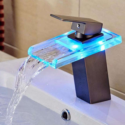 LED Bathroom Sink Faucet , Hydropower Waterfall Glass Faucet 3 Colors Changing Temperature Control Light, Single Handle Water Mixer Deck Mounted Bathroom Tap Faucet (Matte Black)