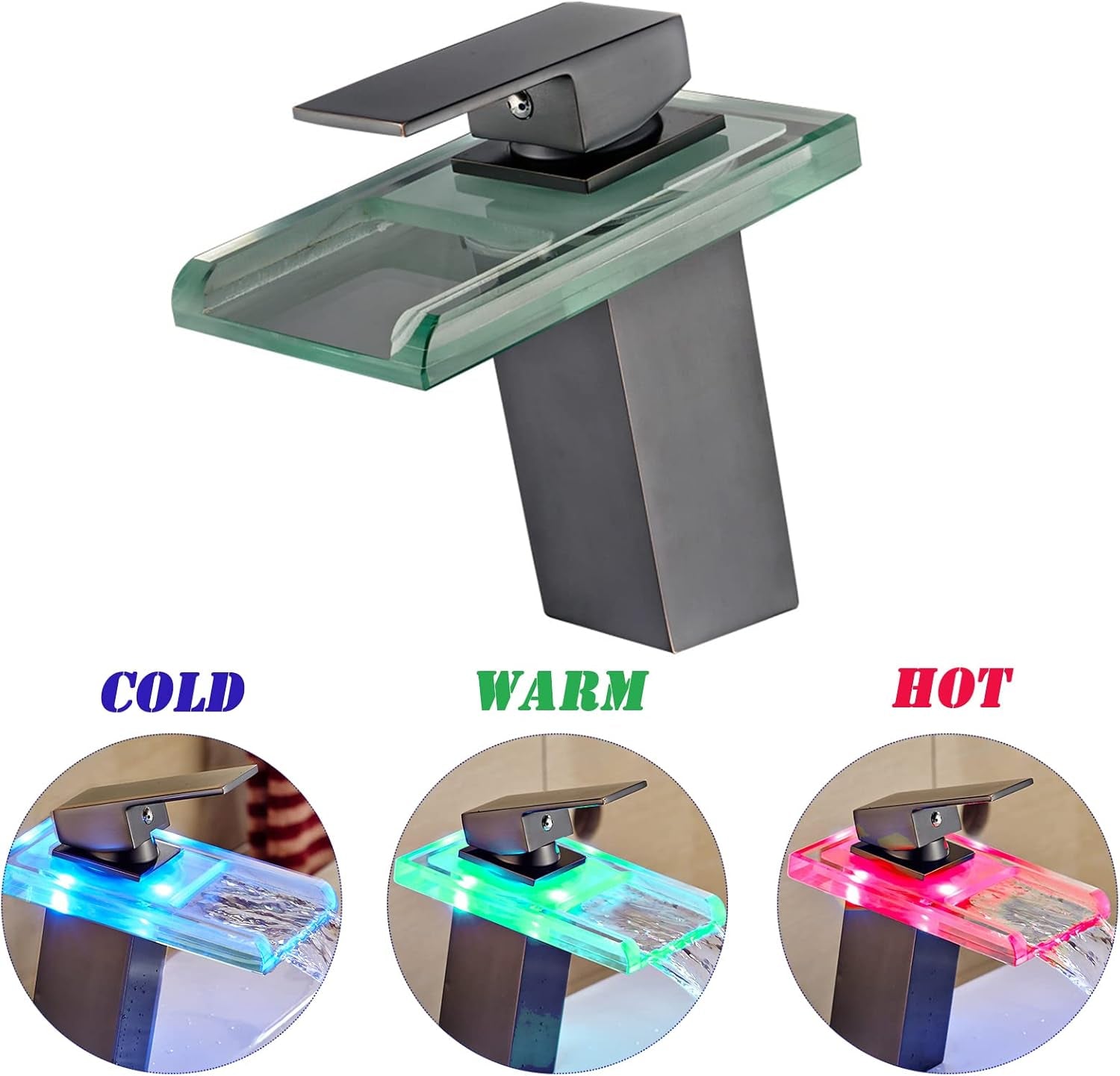 LED Bathroom Sink Faucet , Hydropower Waterfall Glass Faucet 3 Colors Changing Temperature Control Light, Single Handle Water Mixer Deck Mounted Bathroom Tap Faucet (Matte Black)