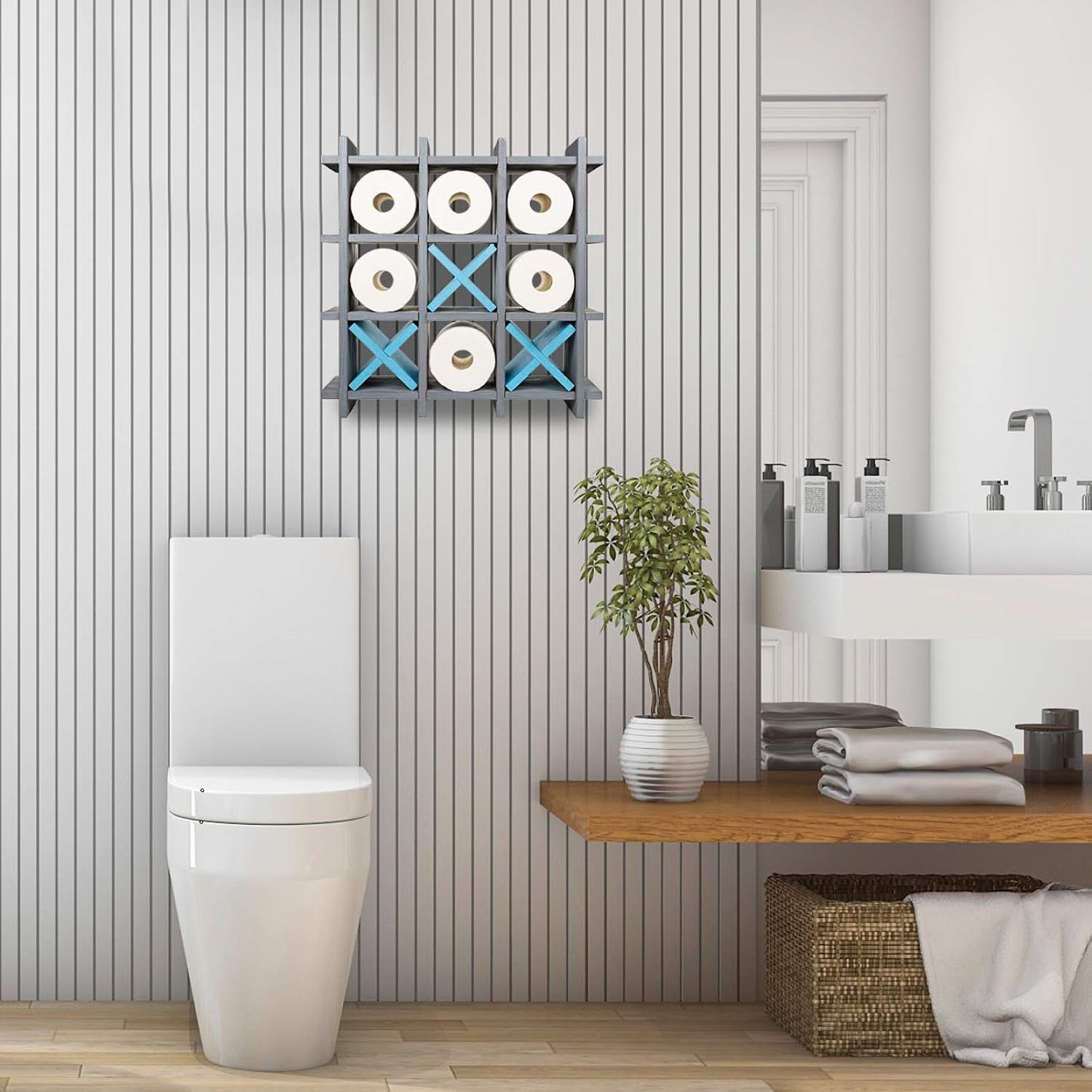 Gray Wooden Toilet Paper Holder: Tic Tac Toe Design for Wall Mounted or Freestanding Bathroom Tissue Roll Storage Organizer