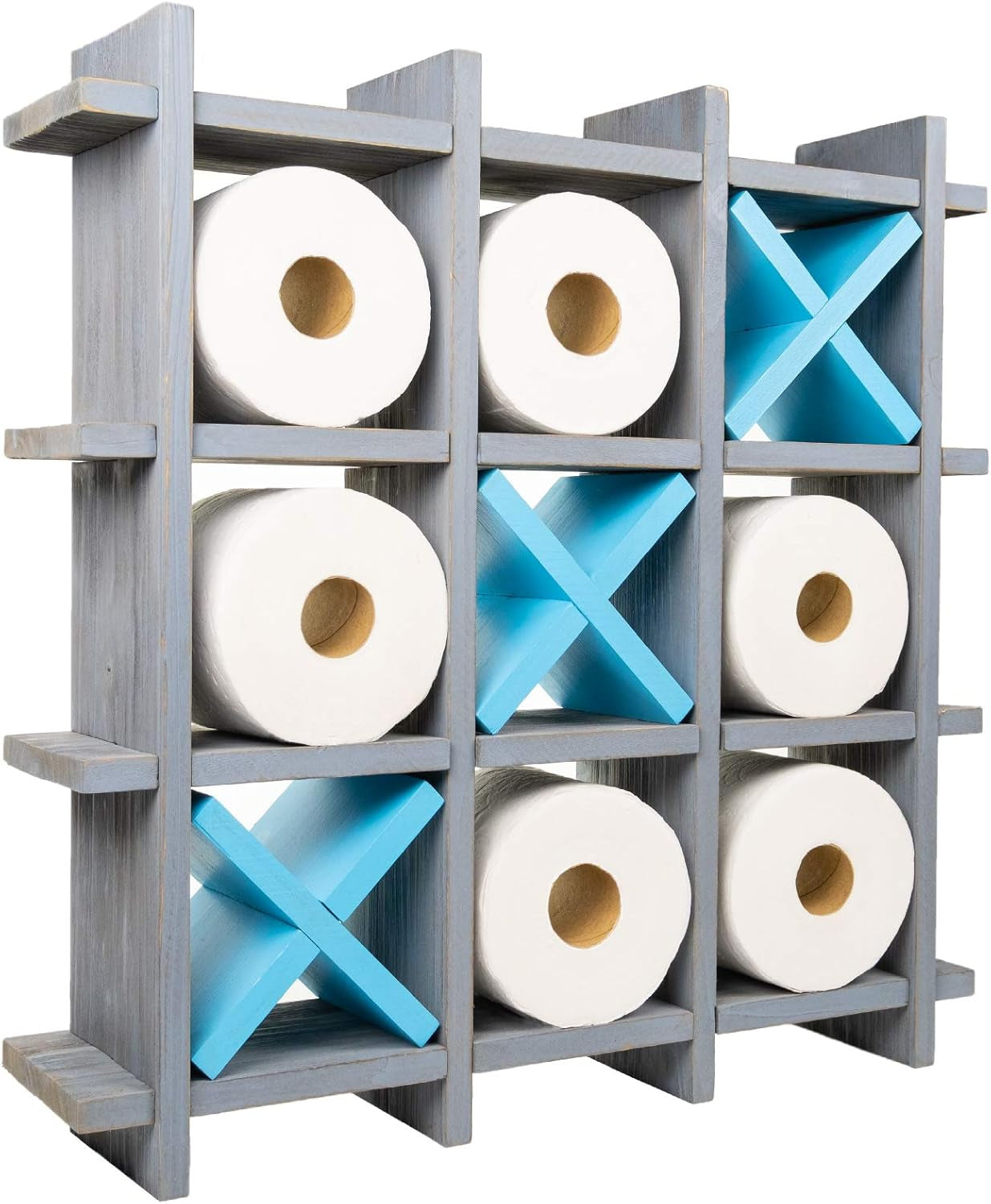 Gray Wooden Toilet Paper Holder: Tic Tac Toe Design for Wall Mounted or Freestanding Bathroom Tissue Roll Storage Organizer