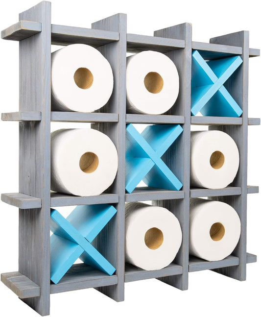 Gray Wooden Toilet Paper Holder: Tic Tac Toe Design for Wall Mounted or Freestanding Bathroom Tissue Roll Storage Organizer