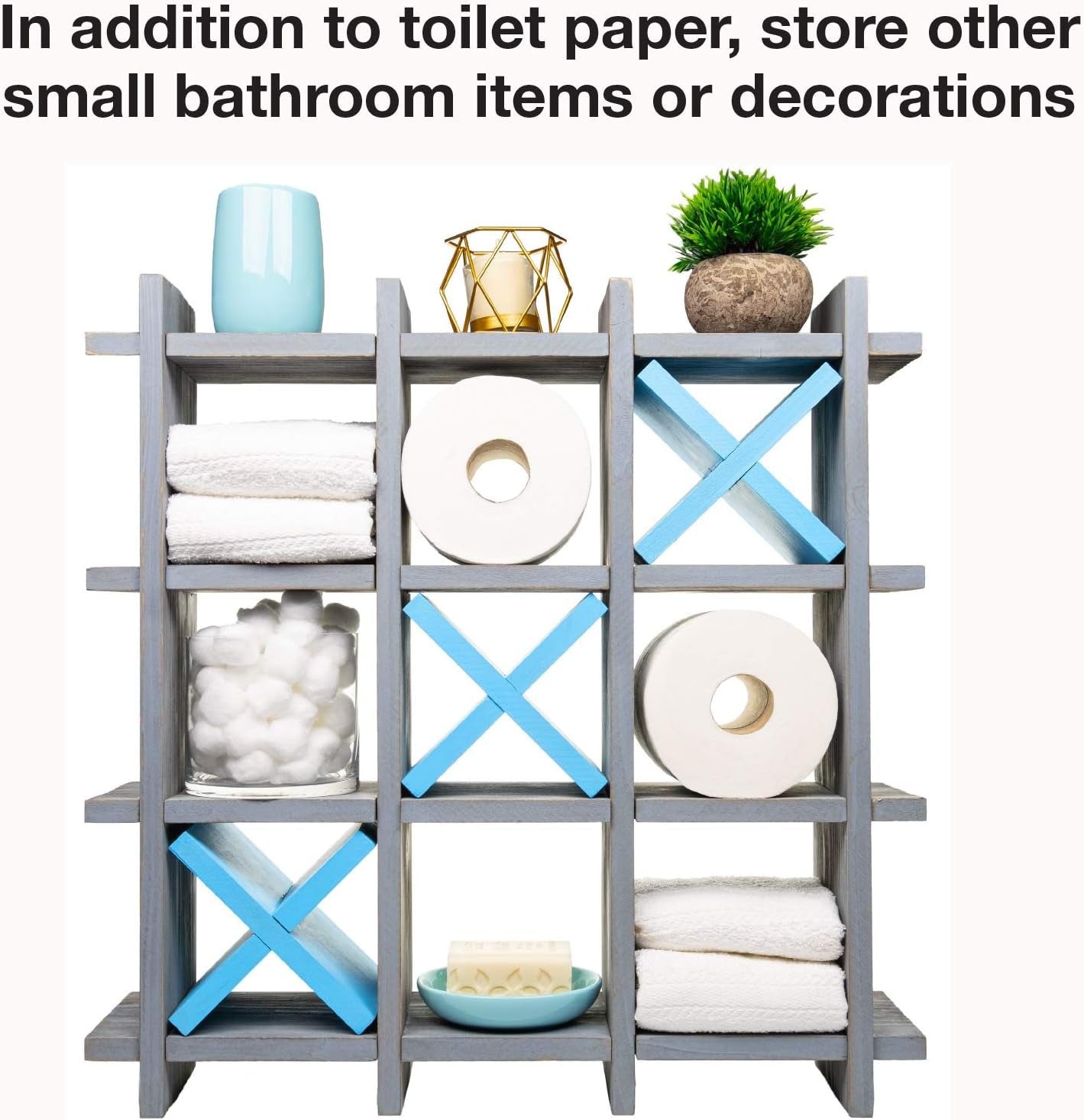 Gray Wooden Toilet Paper Holder: Tic Tac Toe Design for Wall Mounted or Freestanding Bathroom Tissue Roll Storage Organizer