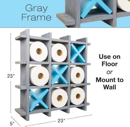 Gray Wooden Toilet Paper Holder: Tic Tac Toe Design for Wall Mounted or Freestanding Bathroom Tissue Roll Storage Organizer