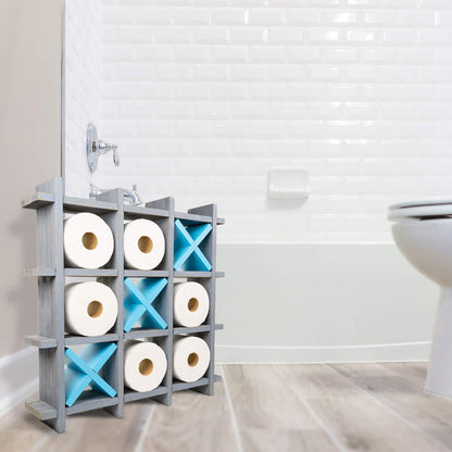 Gray Wooden Toilet Paper Holder: Tic Tac Toe Design for Wall Mounted or Freestanding Bathroom Tissue Roll Storage Organizer