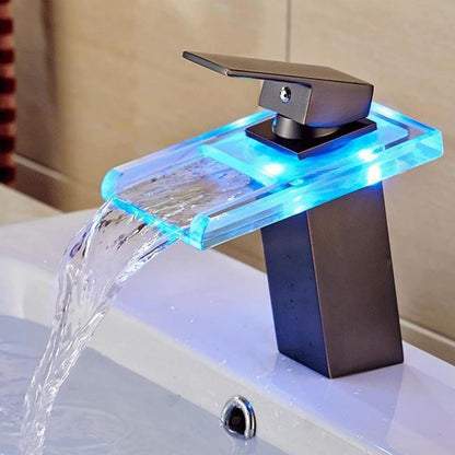 LED Bathroom Sink Faucet , Hydropower Waterfall Glass Faucet 3 Colors Changing Temperature Control Light, Single Handle Water Mixer Deck Mounted Bathroom Tap Faucet (Matte Black)