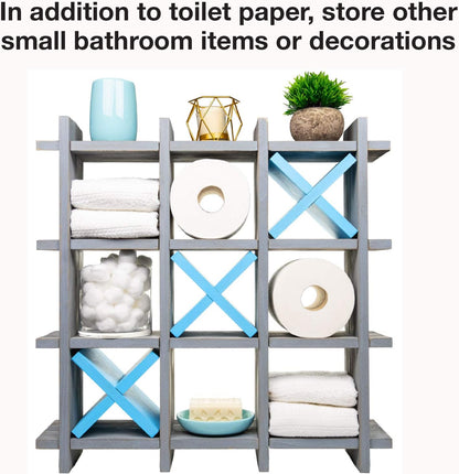 Gray Wooden Toilet Paper Holder: Tic Tac Toe Design for Wall Mounted or Freestanding Bathroom Tissue Roll Storage Organizer